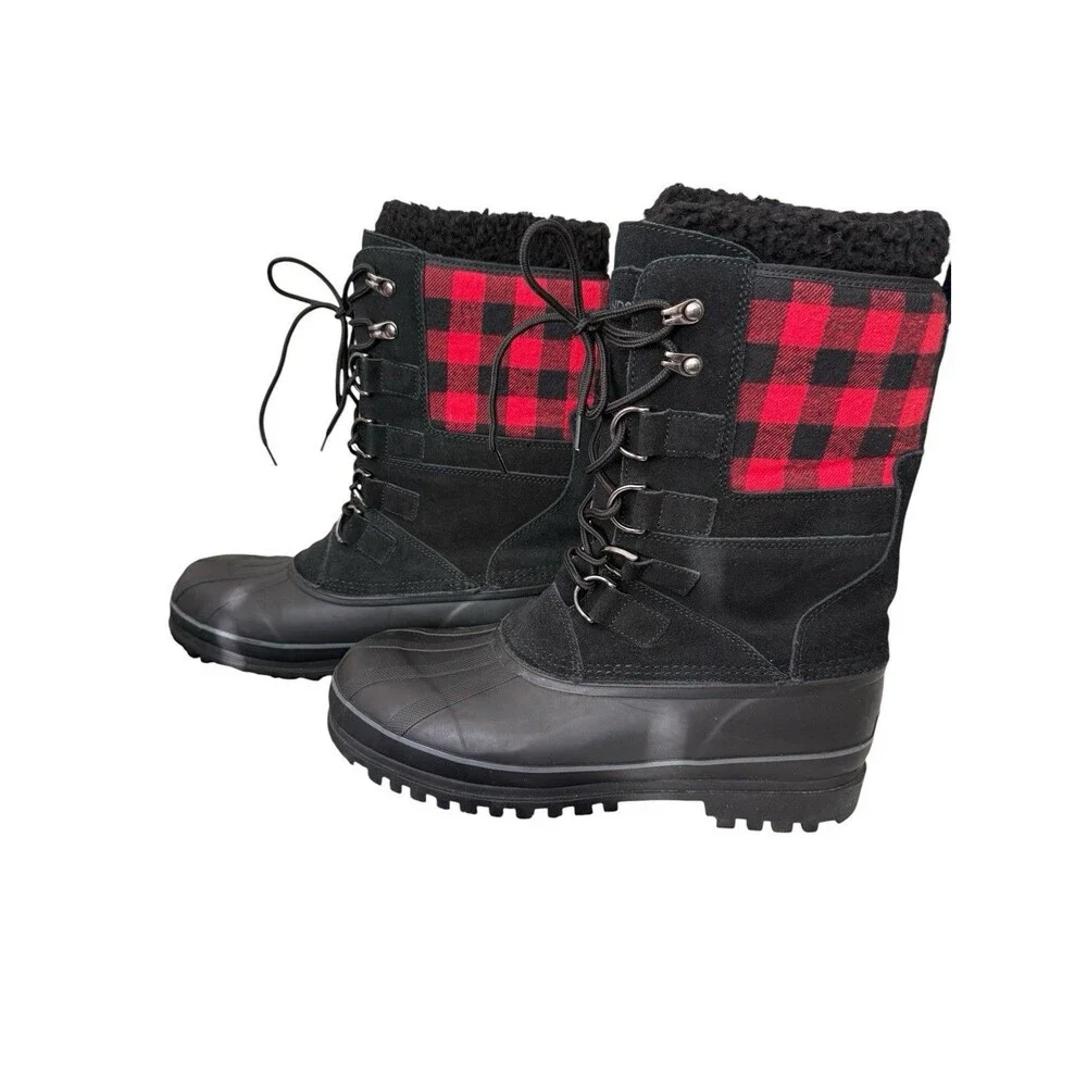 Lands’ End Duck Boots Mens 9 Black Plaid Insulated Snow Winter Lace Up